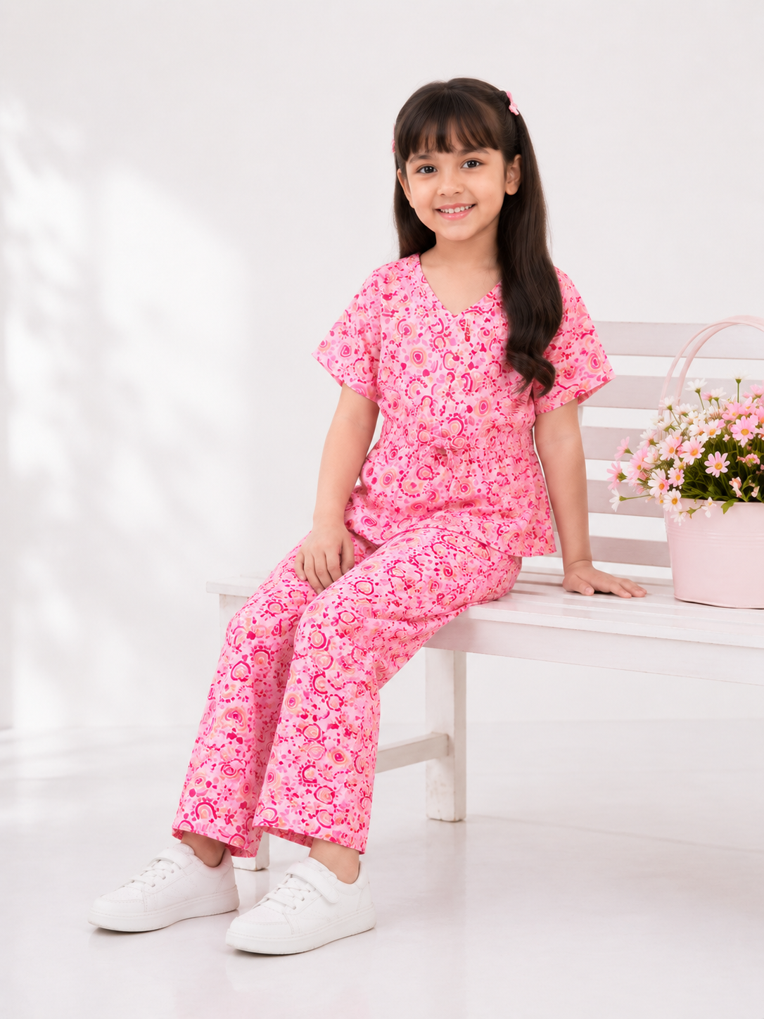 Girls Pink Hearts Co-Ord Set – Printed Top &amp; Wide Leg Trouser