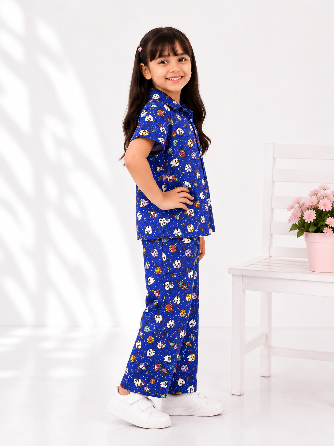 Girls Space Adventure Co-Ord Set – Blue Printed Shirt  Trouser