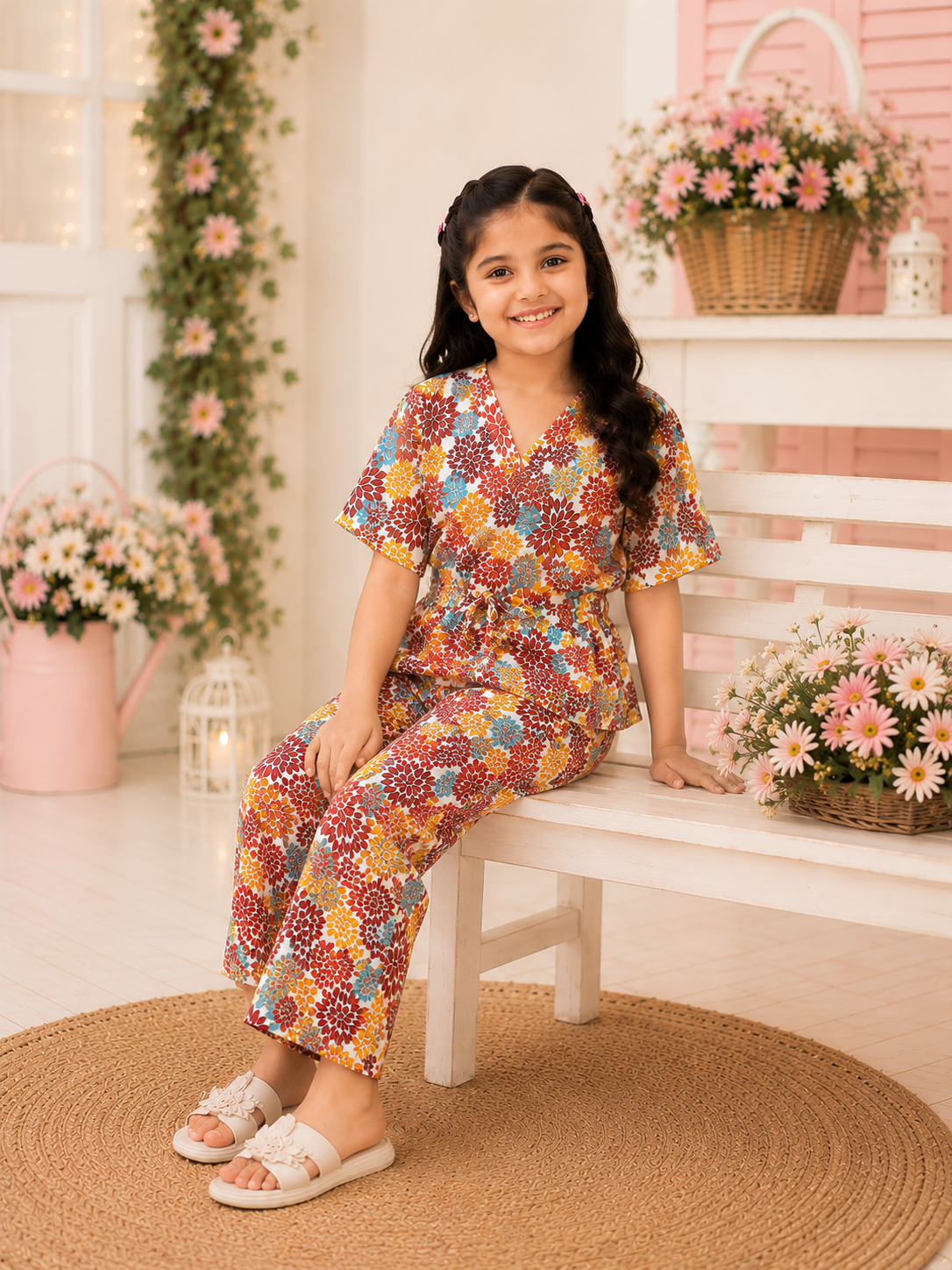 Girls Floral Co-Ord Set  Multicolor Printed Top  Wide Leg Trouser