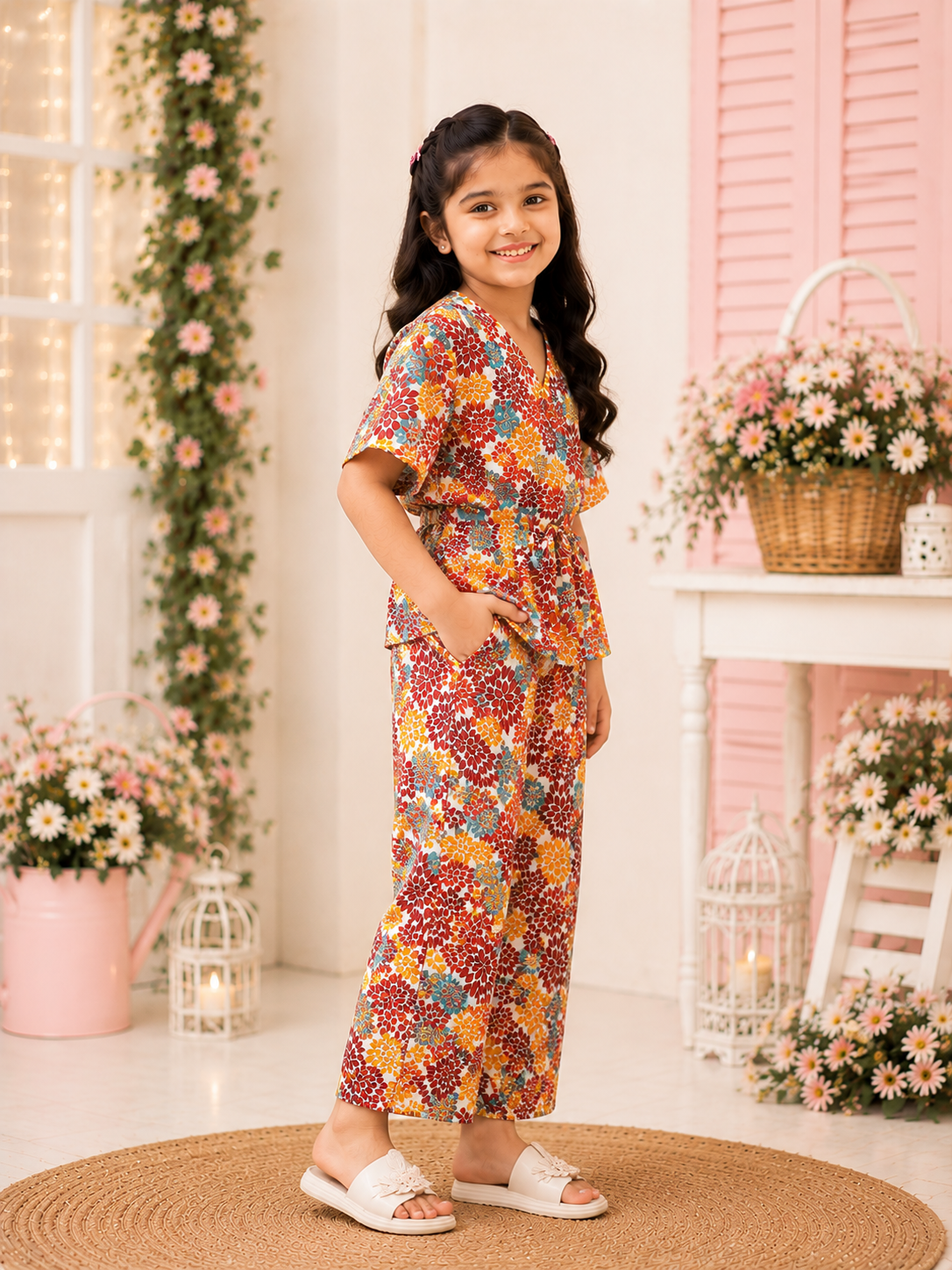 Girls Floral Co-Ord Set  Multicolor Printed Top  Wide Leg Trouser