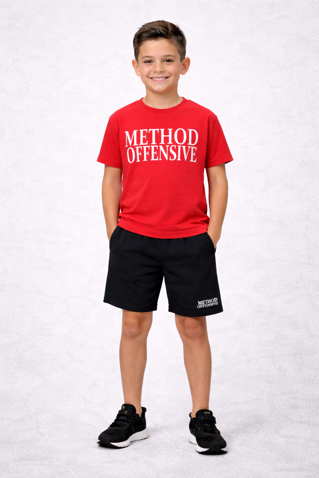 Kids Red “Method Offensive” T-Shirt  Black Shorts Set