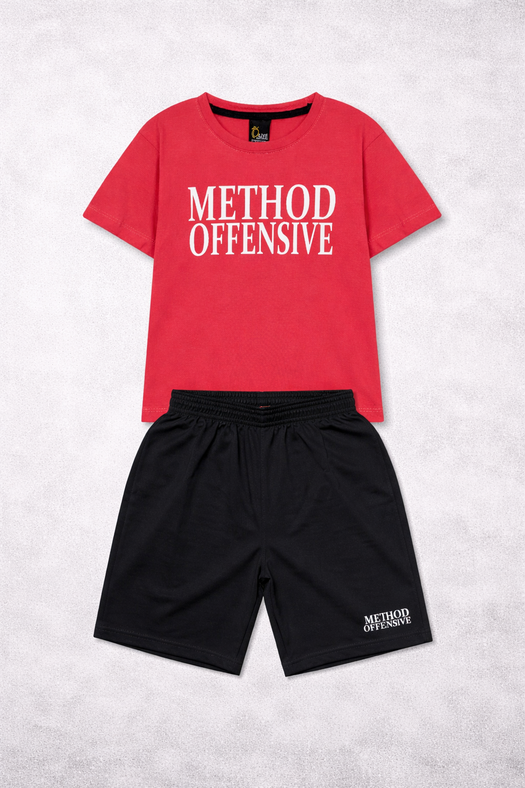 Kids Red “Method Offensive” T-Shirt  Black Shorts Set