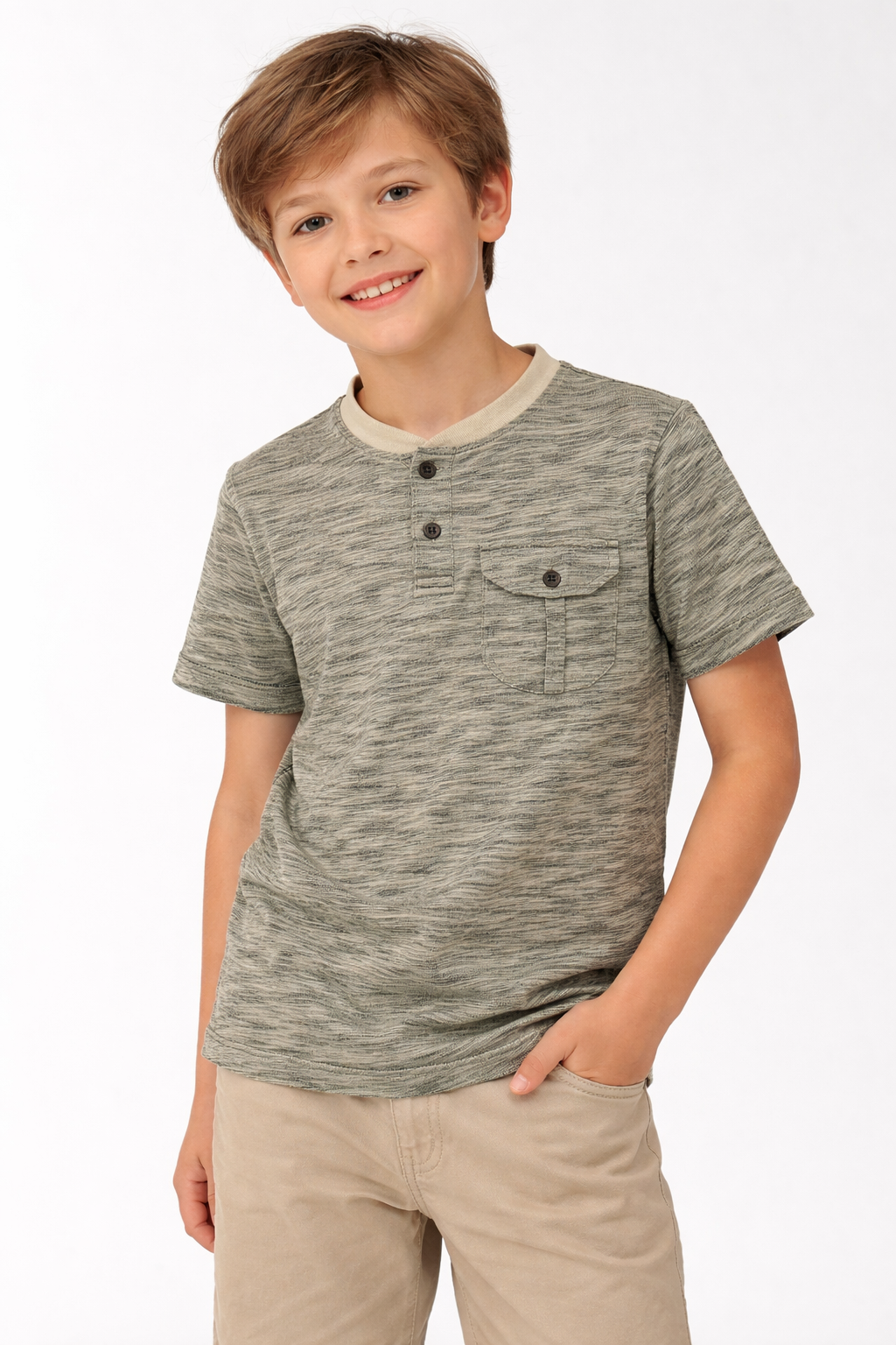 Boys Olive Melange Henley T-Shirt with Pocket