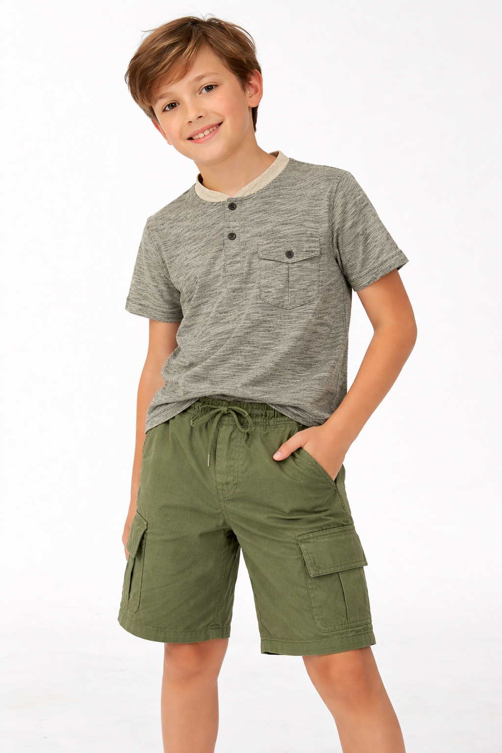 Boys Olive Green Cargo Shorts with Drawstring