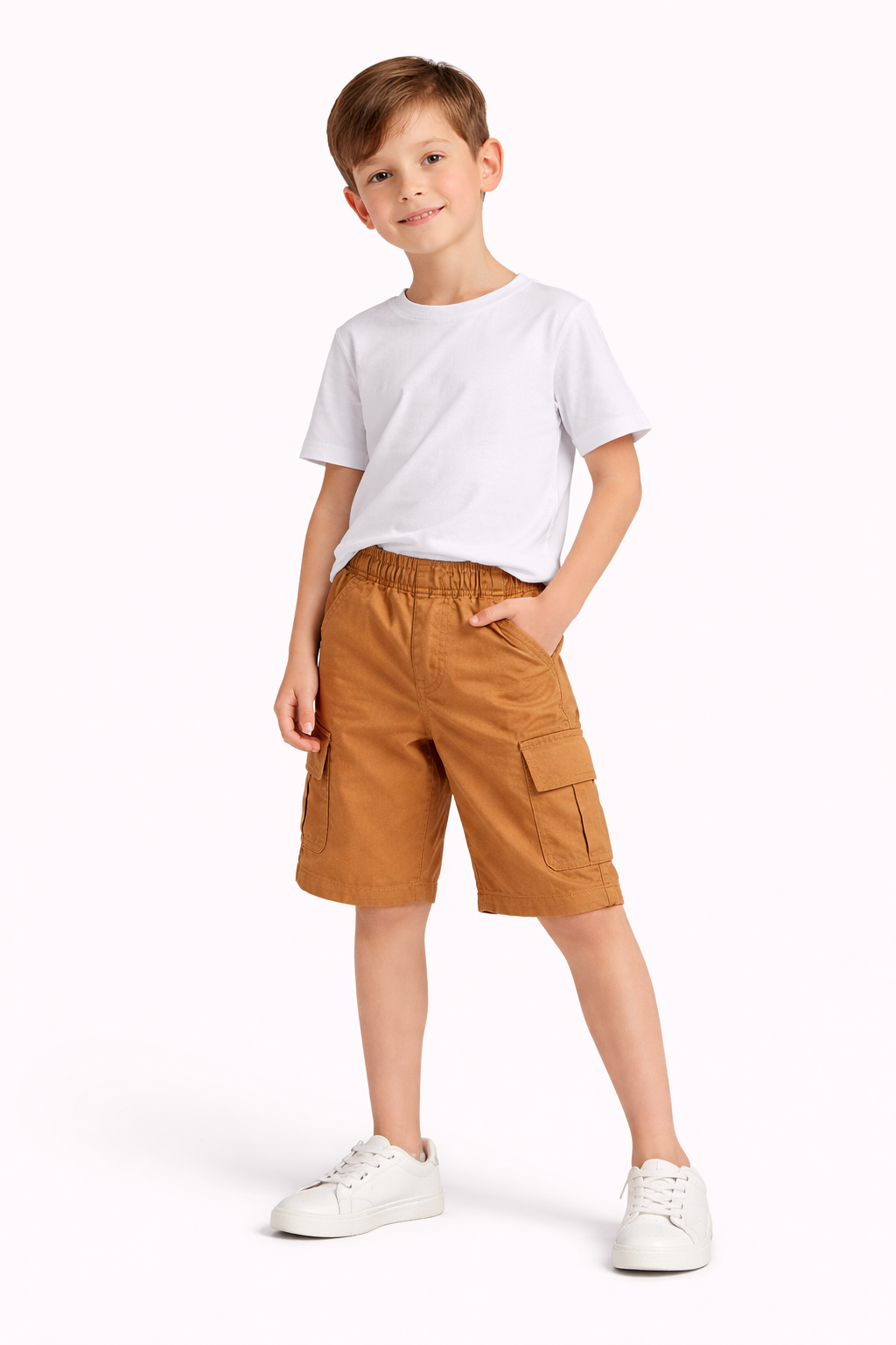 Kids Rust Brown Cargo Shorts with Elastic Waist
