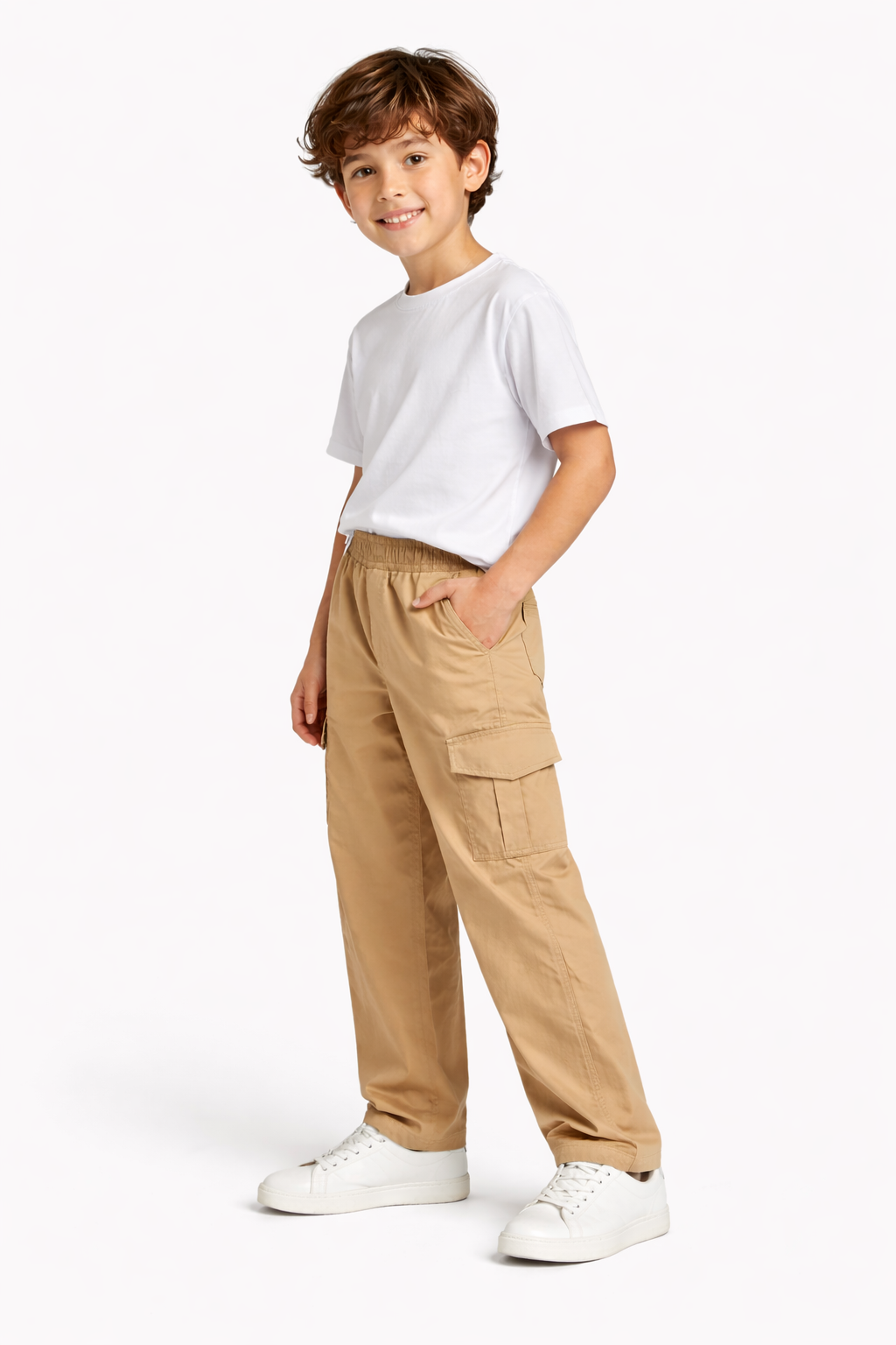Kids Camel Brown Cargo Pants with Elastic Waist