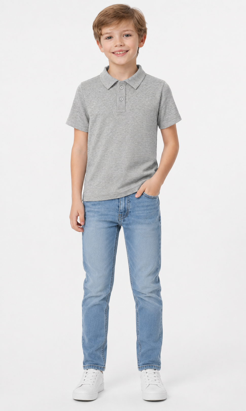 Boys Grey Half Textured Polo Shirt