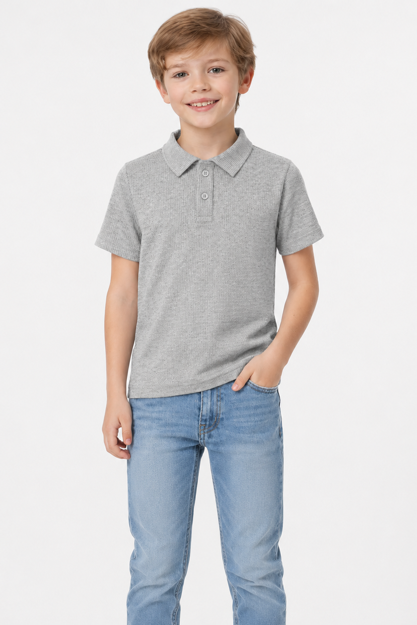 Boys Grey Half Textured Polo Shirt