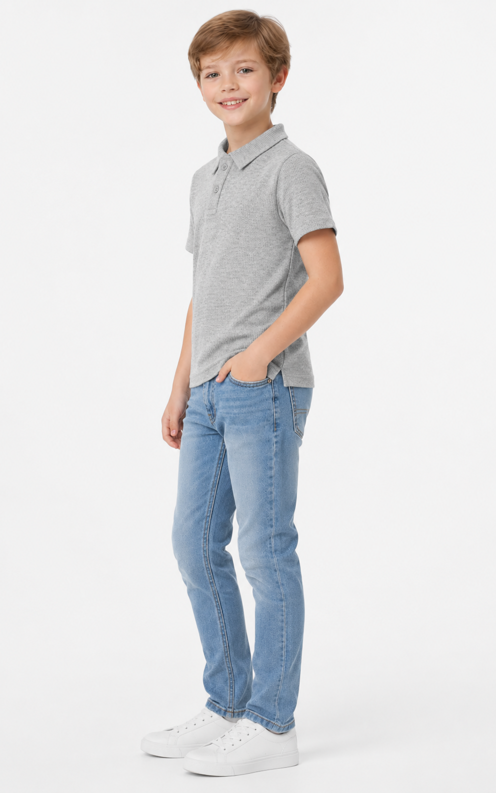 Boys Grey Half Textured Polo Shirt