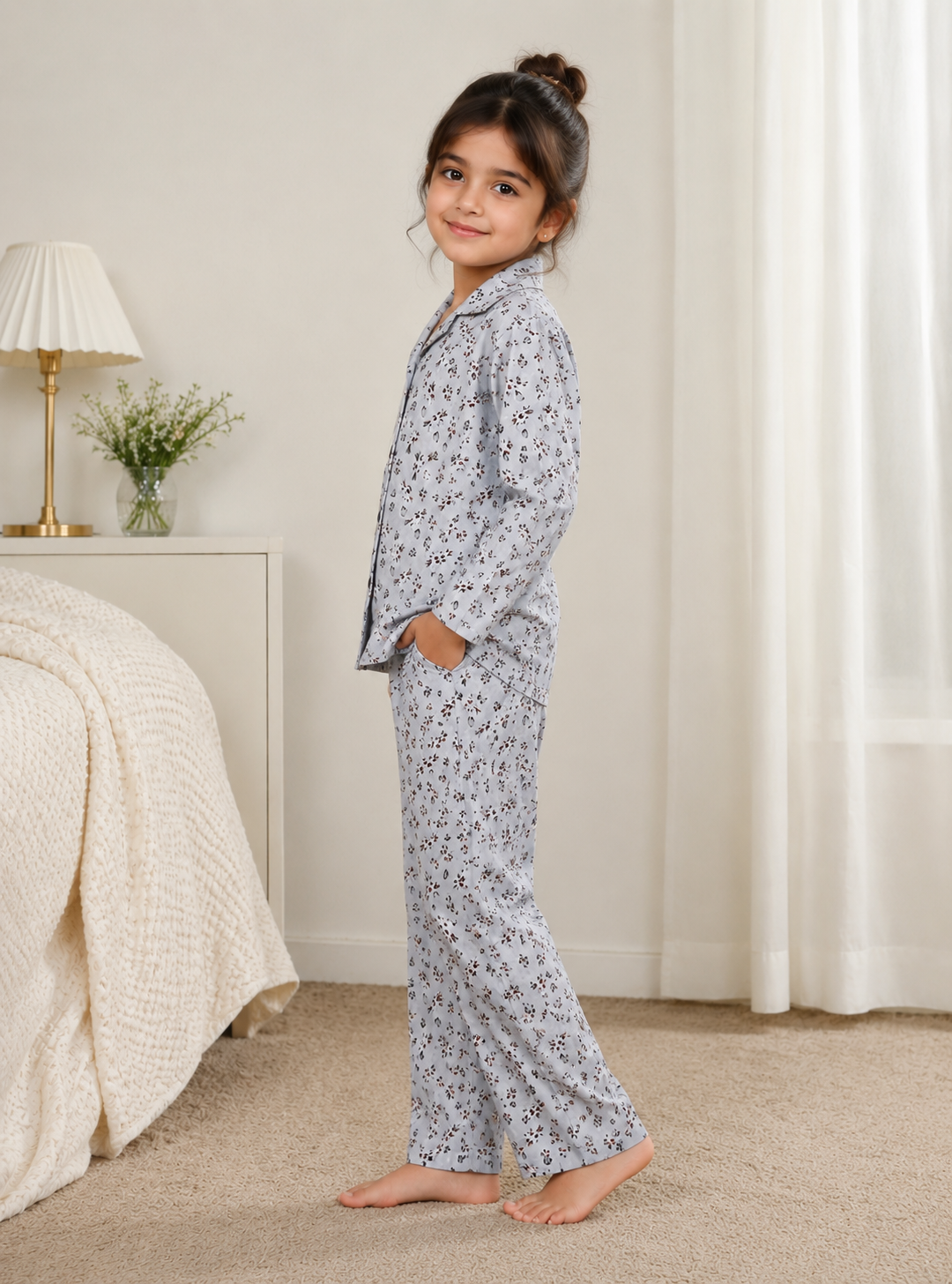 Girls Grey Printed Night Suit – Soft Cotton Pajama Set