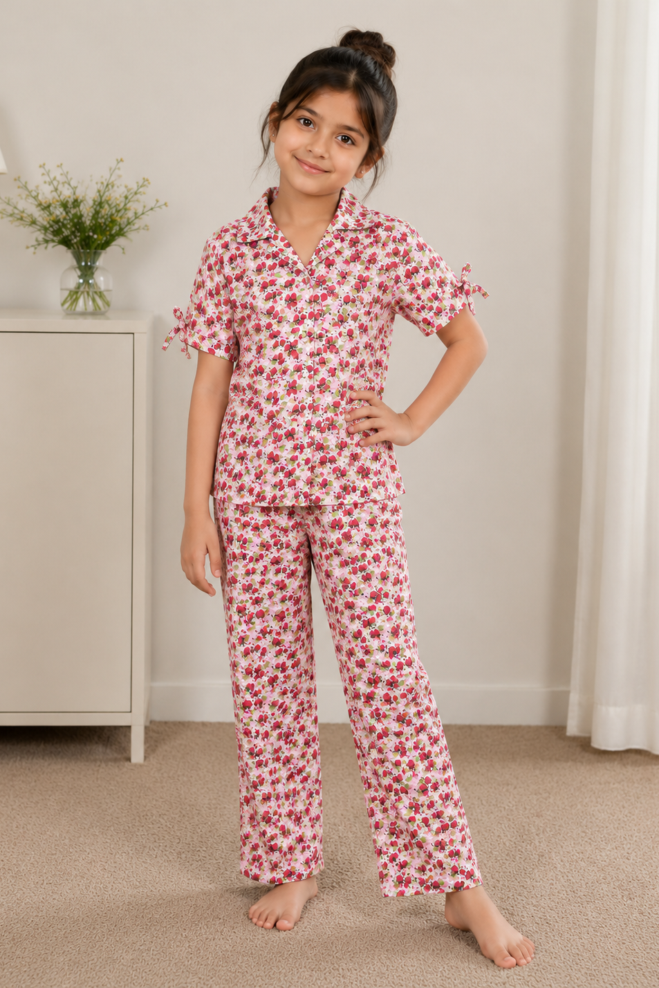 Girls Pink Floral Night Suit – Half Sleeve Pajama Set