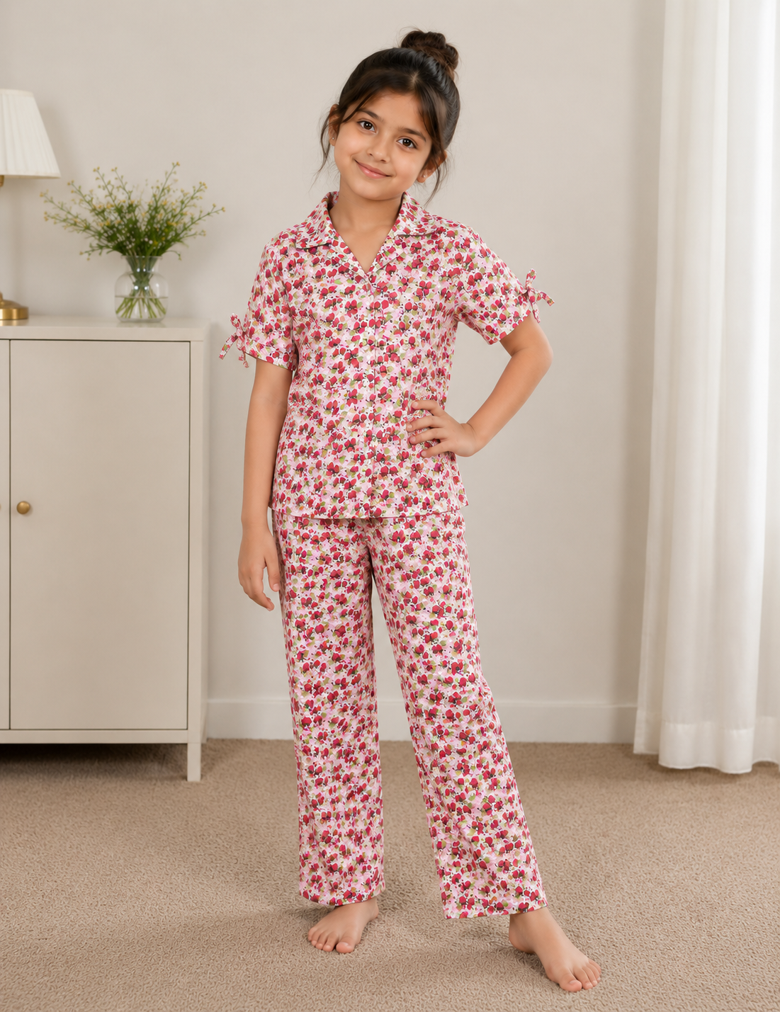Girls Pink Floral Night Suit – Half Sleeve Pajama Set