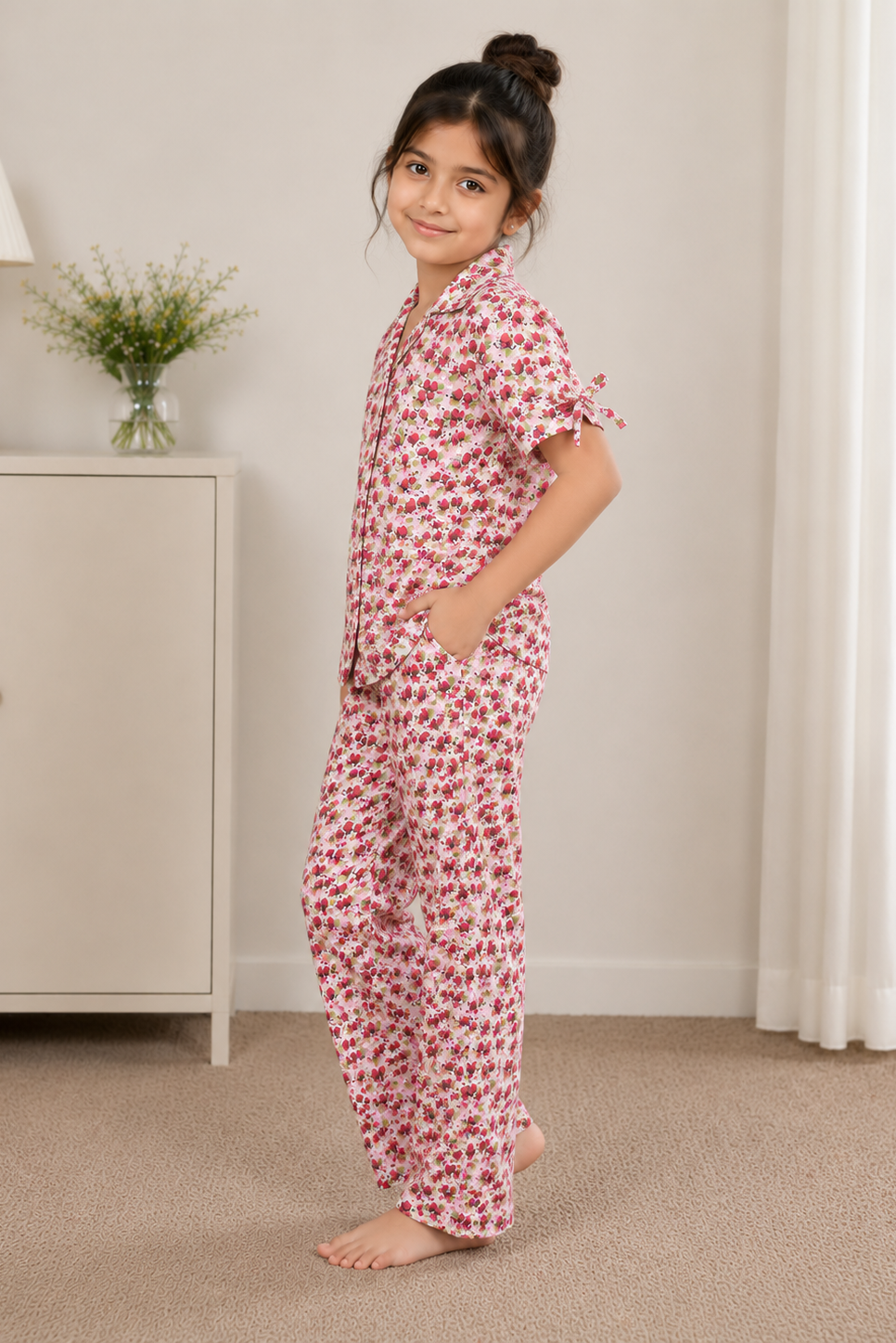 Girls Pink Floral Night Suit – Half Sleeve Pajama Set