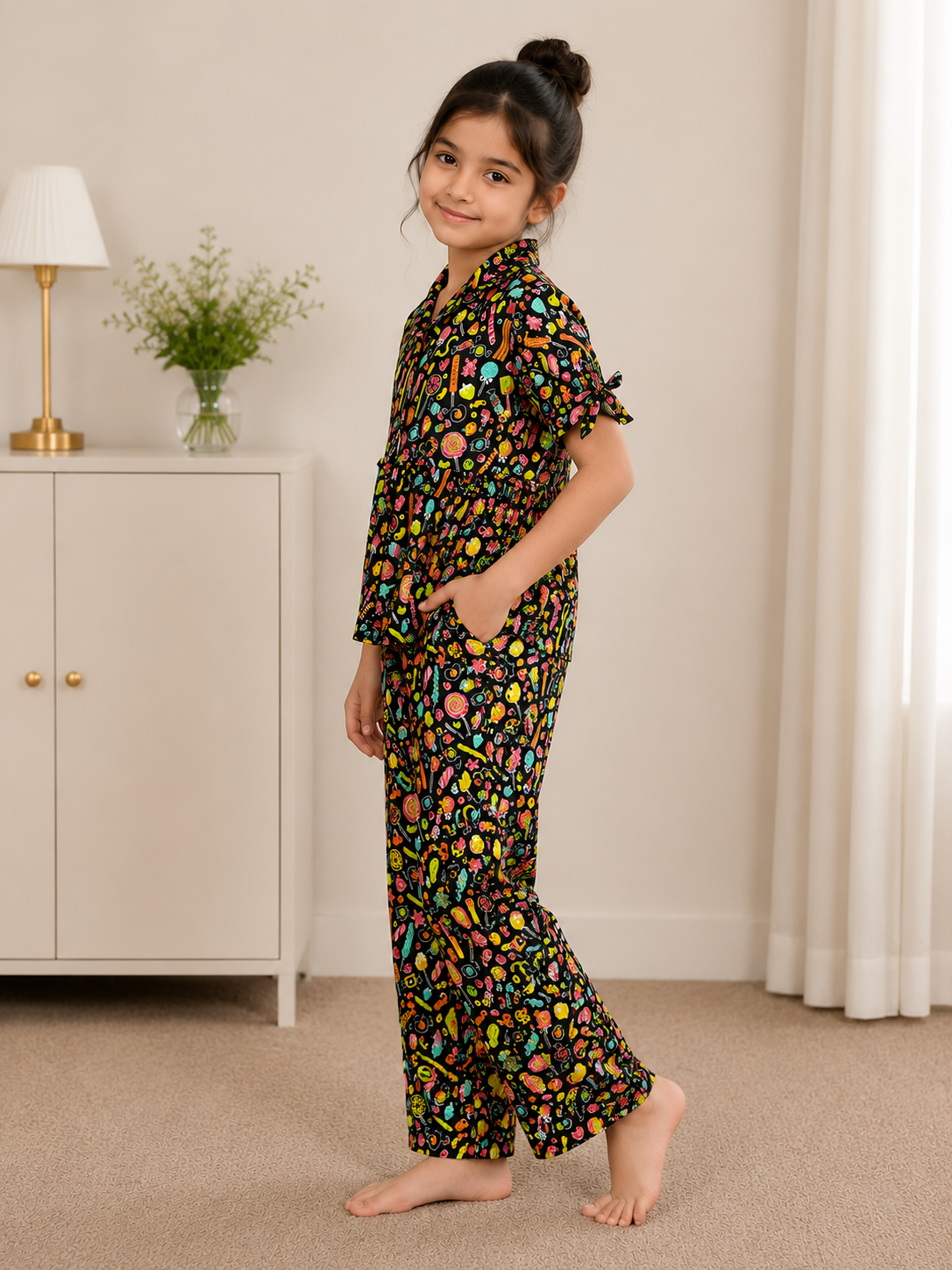 Girls Candy Print Night Suit – Half Sleeve Pajama Set