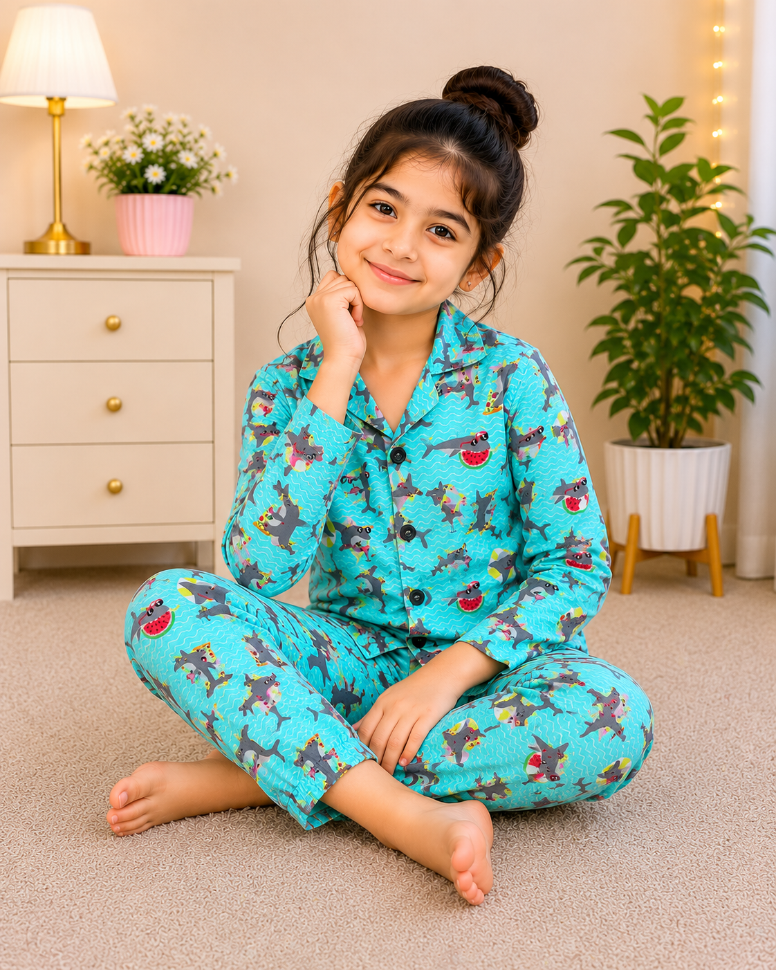 Girls Aqua Shark Print Night Suit – Soft Cotton Pajama Set