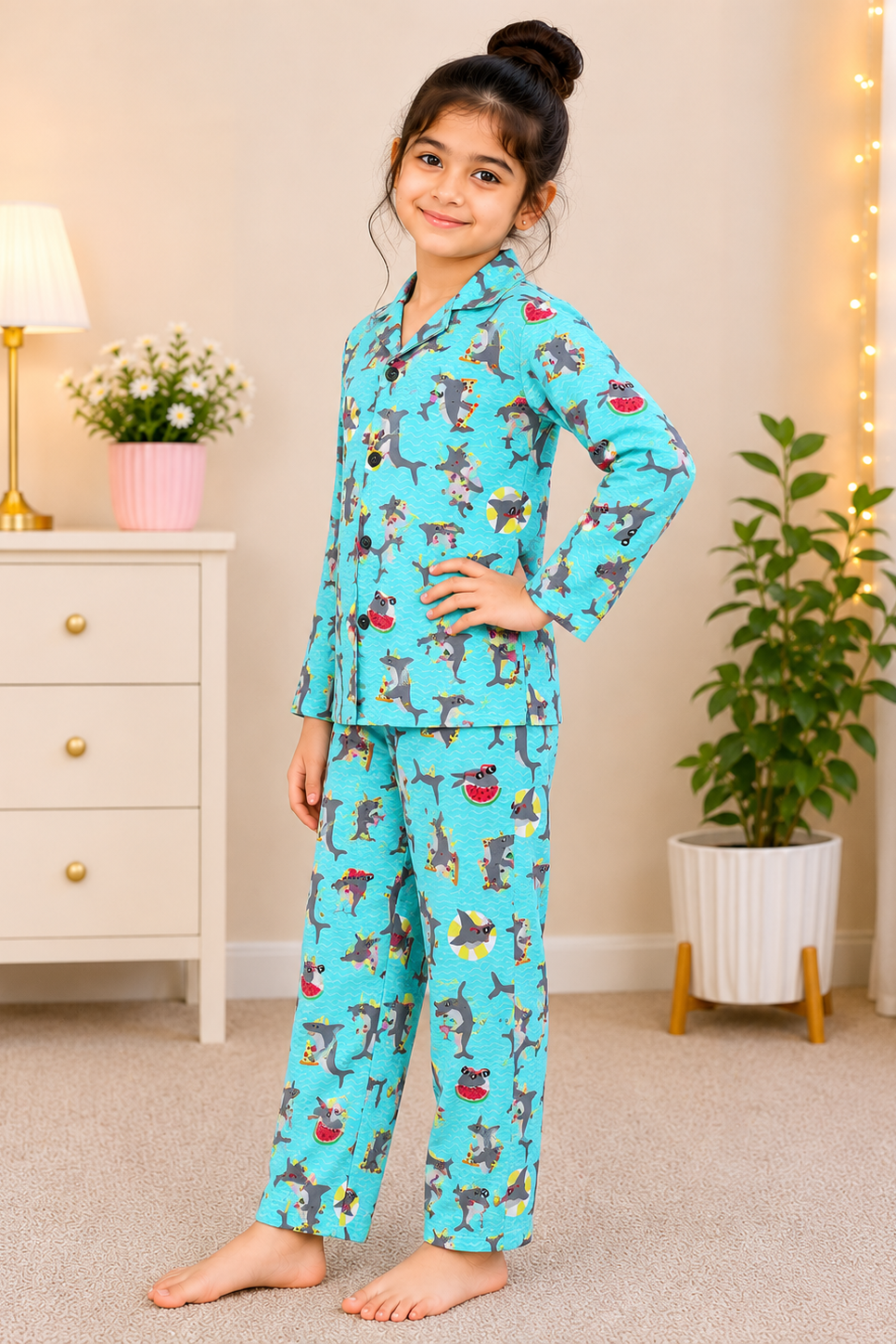 Girls Aqua Shark Print Night Suit – Soft Cotton Pajama Set