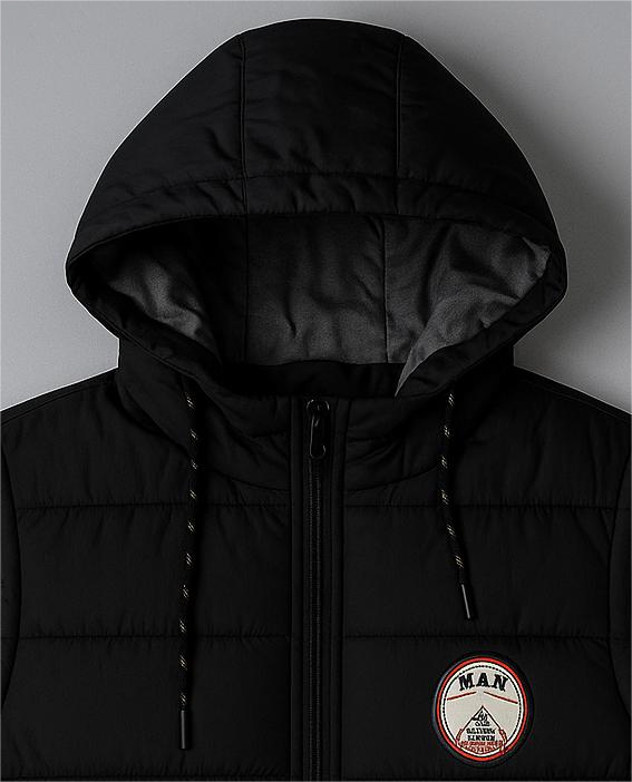 men’s Black with light grey side panel hooded puffer Jacket