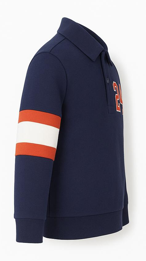 kids Navy Blue Polo Sweatshirt with Striped Sleeves & Number Print