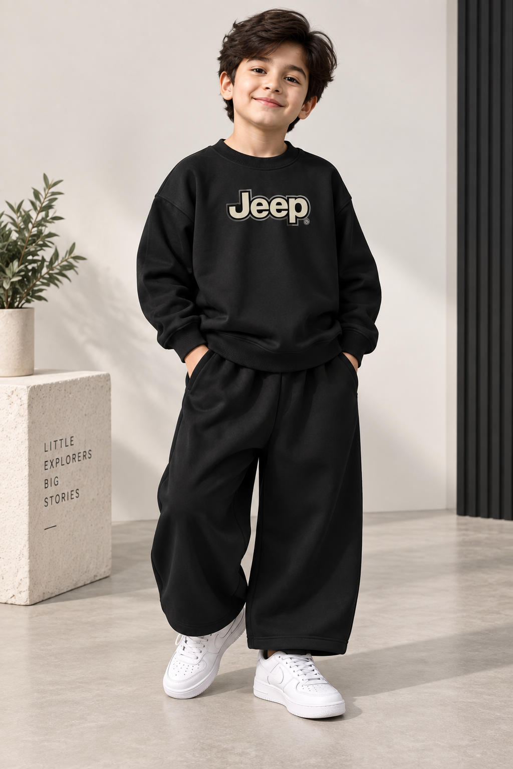 Kids Black Jeep Fleece Sweatshirt with Baggy Trouser