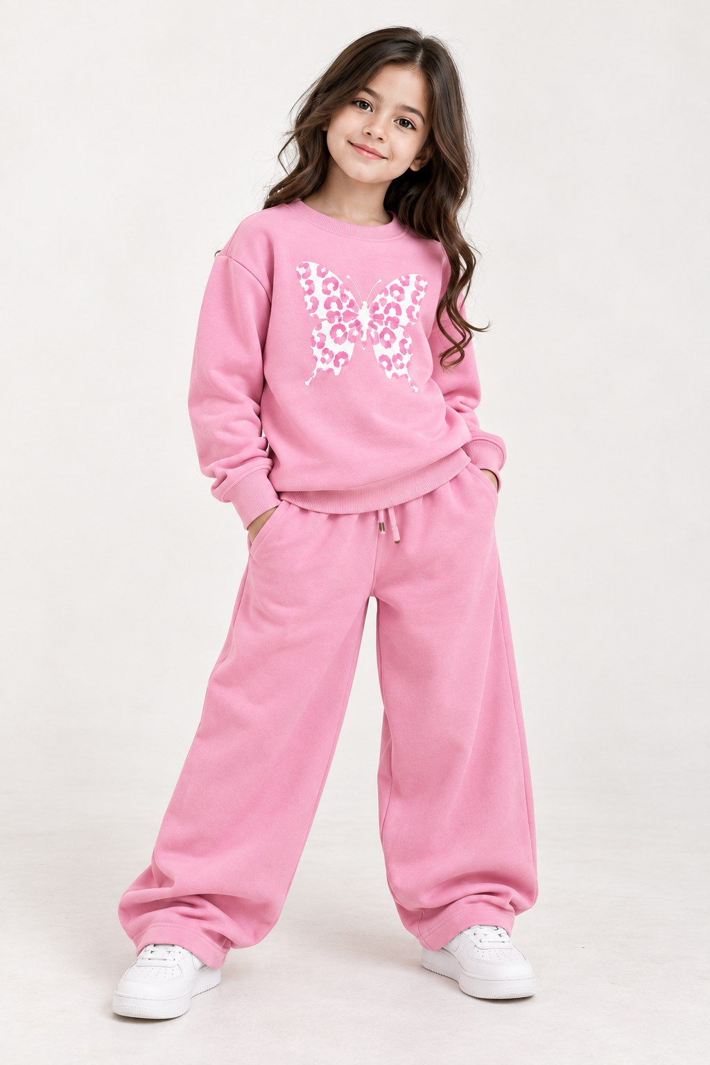 Pink Butterfly Printed Fleece Tracksuit Set – Sweatshirt