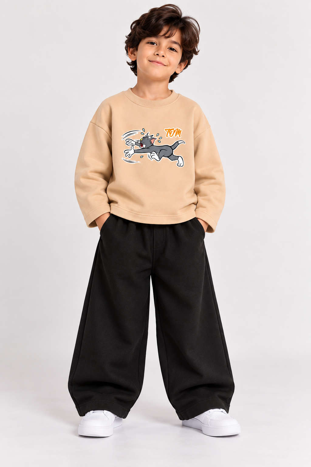 Beige TOM Fleece Sweatshirt with Black Wide-Leg Trousers
