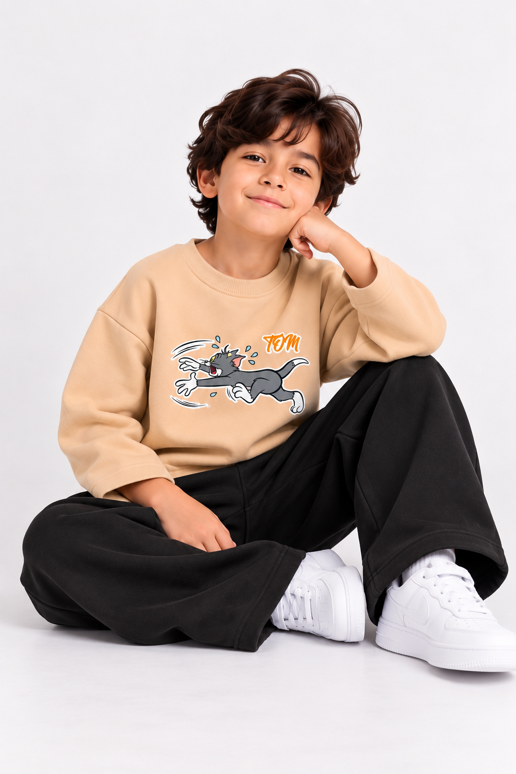 Beige TOM Fleece Sweatshirt with Black Wide-Leg Trousers