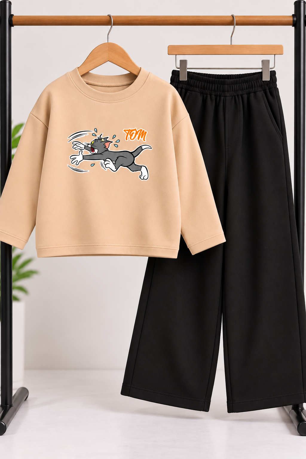 Beige TOM Fleece Sweatshirt with Black Wide-Leg Trousers