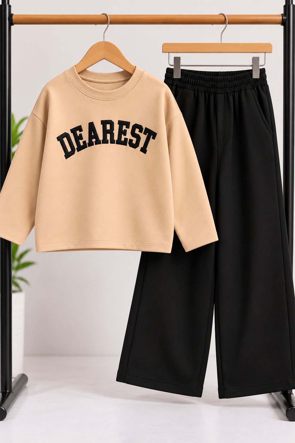 Beige Dearest Fleece Sweatshirt with Black Wide-Leg Trousers