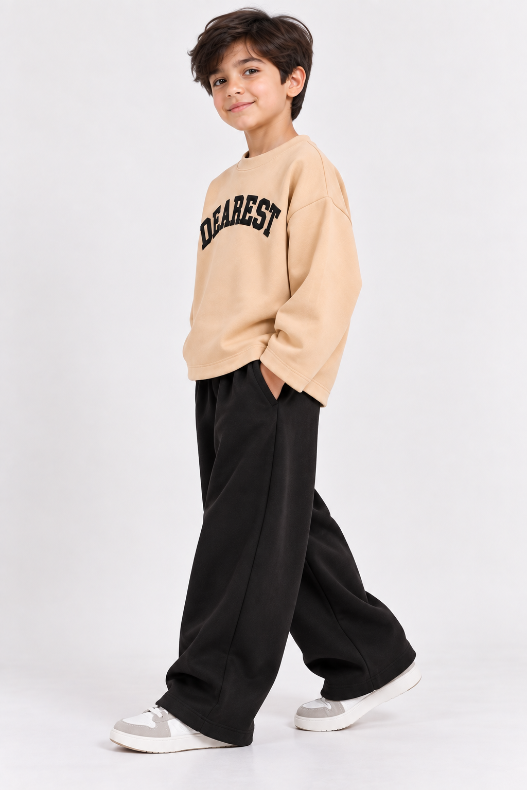 Beige Dearest Fleece Sweatshirt with Black Wide-Leg Trousers
