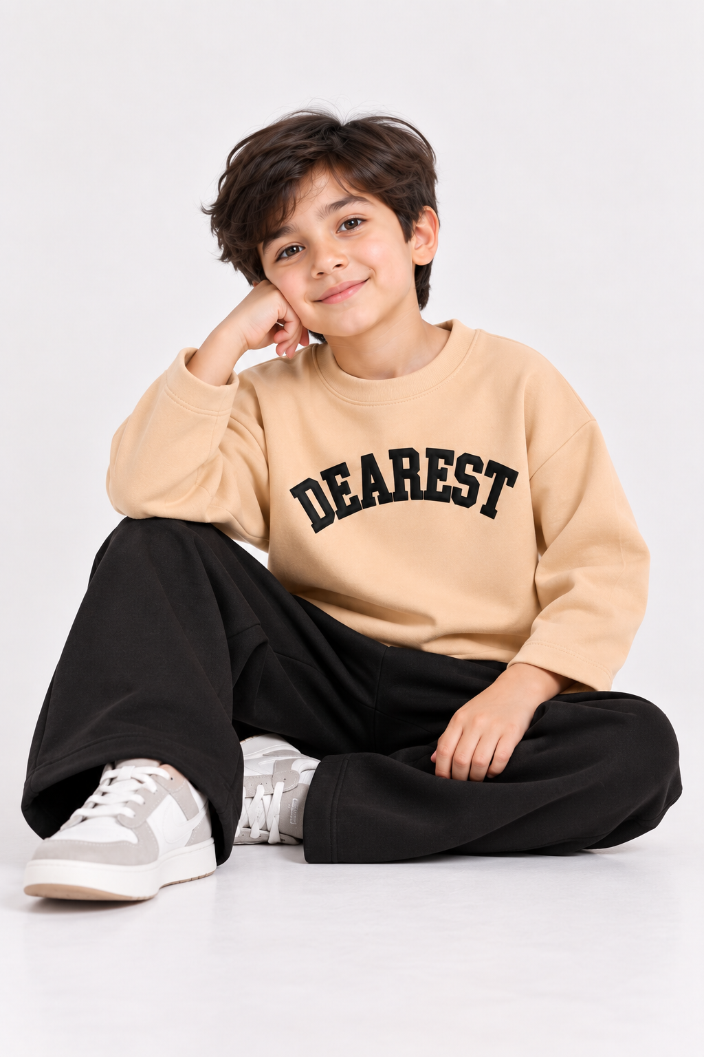 Beige Dearest Fleece Sweatshirt with Black Wide-Leg Trousers