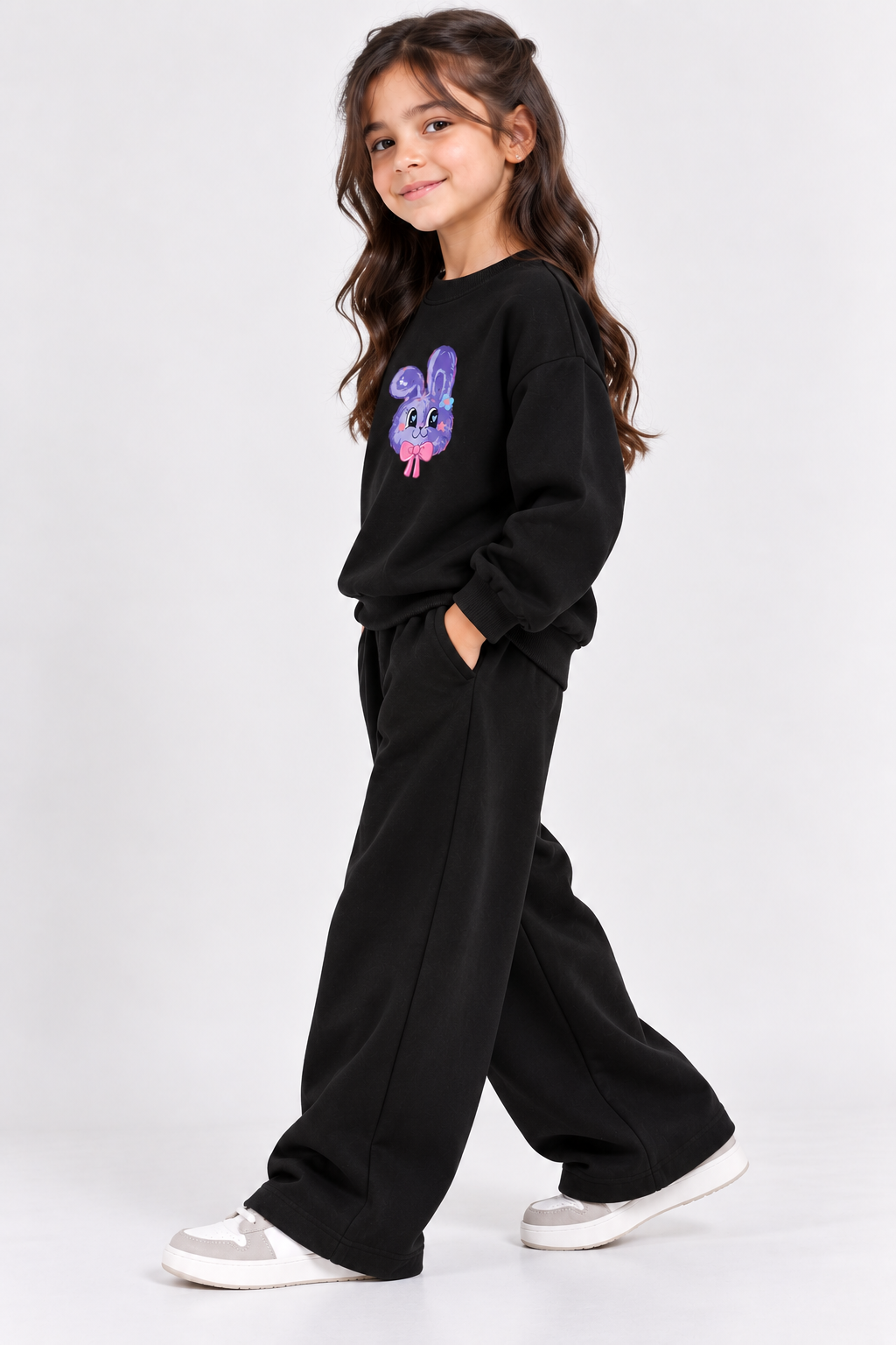 Black Bunny Fleece Co-Ord Set for Girls