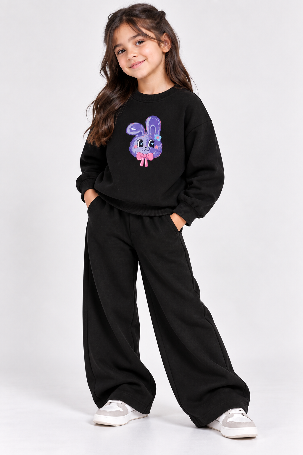 Black Bunny Fleece Co-Ord Set for Girls