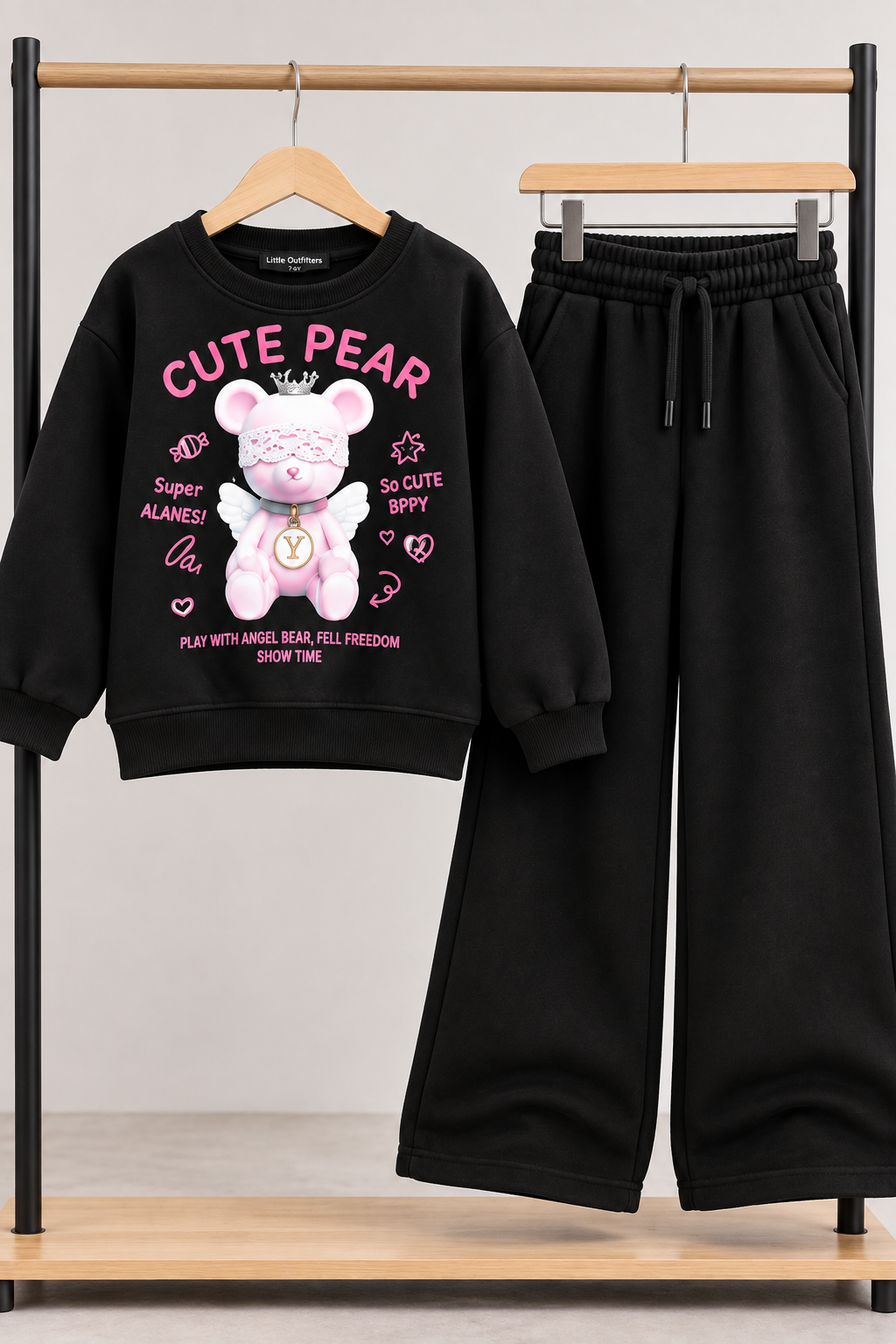 Black Cute Bear Fleece Co-Ord Set for Girls