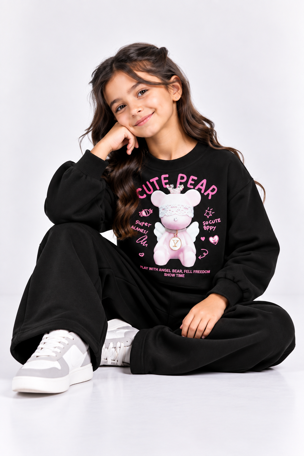 Black Cute Bear Fleece Co-Ord Set for Girls