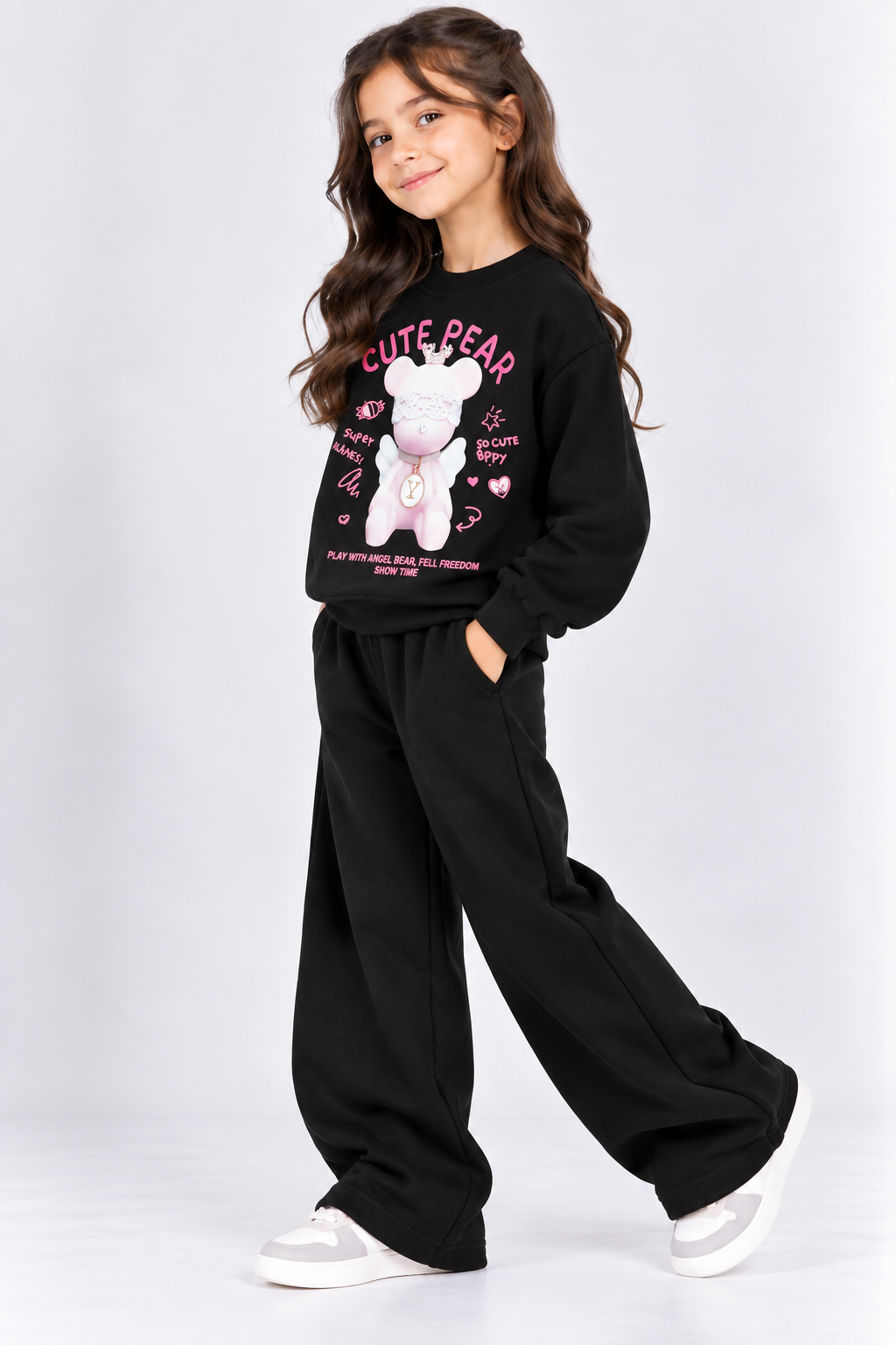 Black Cute Bear Fleece Co-Ord Set for Girls