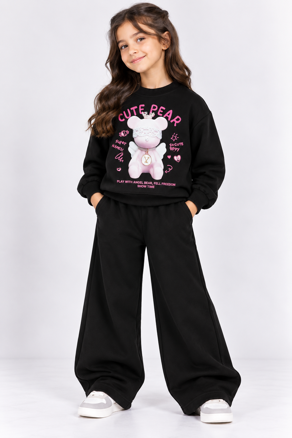 Black Cute Bear Fleece Co-Ord Set for Girls