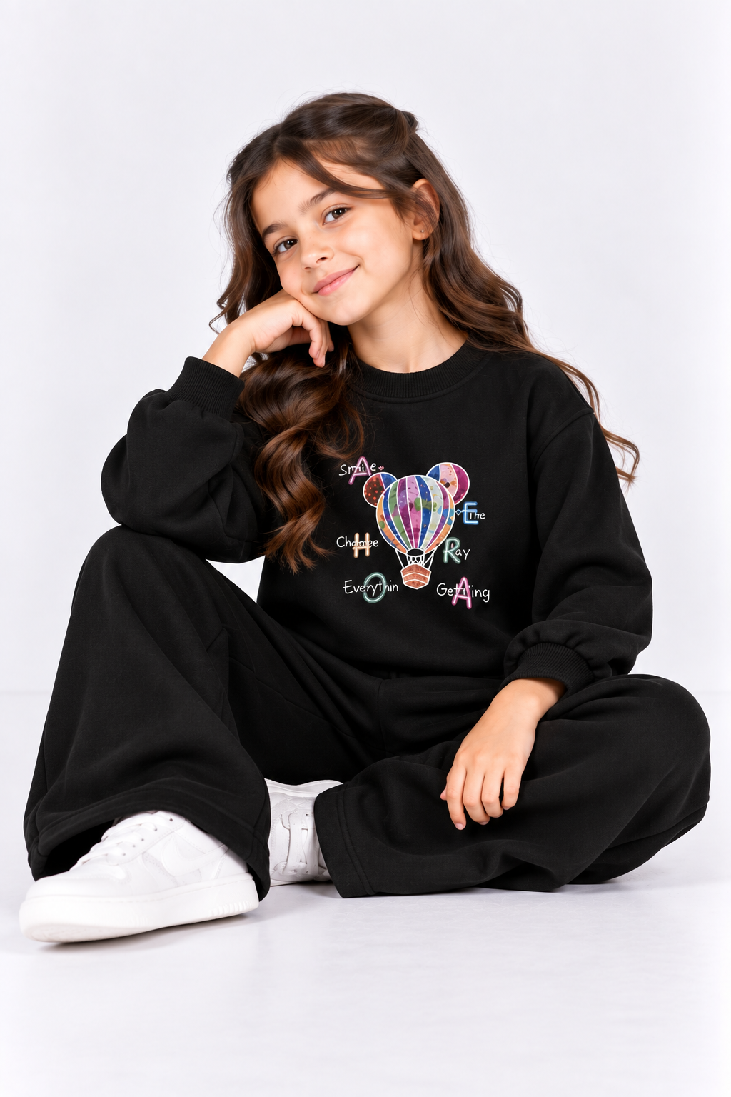 Black Hot Air Balloon Fleece Co-Ord Set for Girls