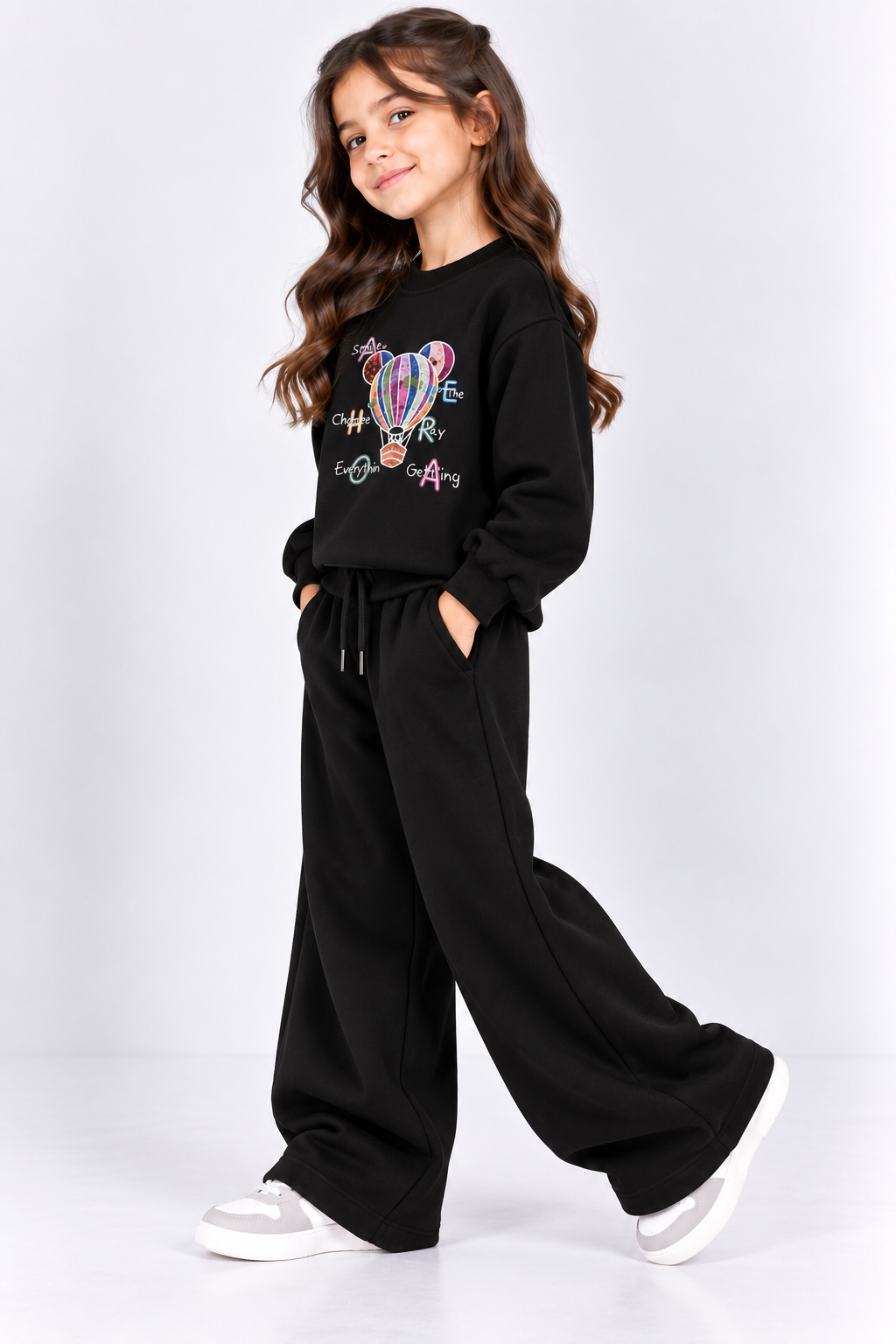 Black Hot Air Balloon Fleece Co-Ord Set for Girls