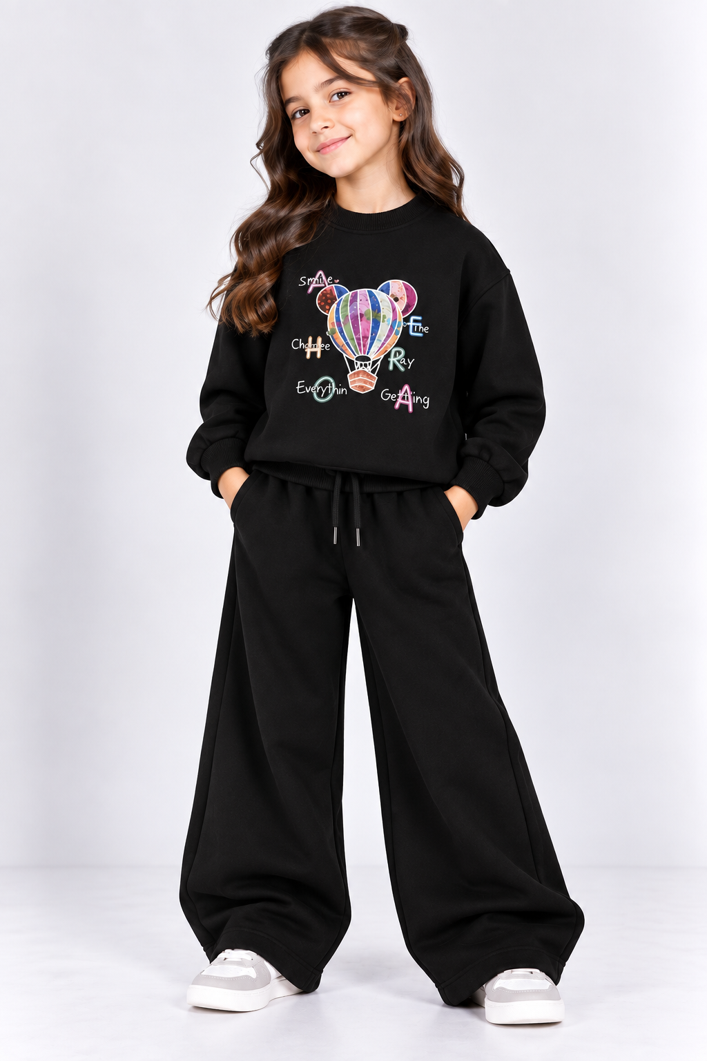 Black Hot Air Balloon Fleece Co-Ord Set for Girls