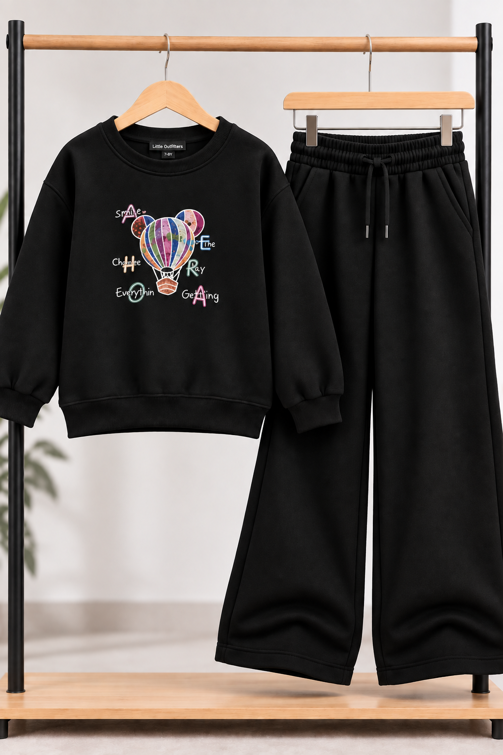 Black Hot Air Balloon Fleece Co-Ord Set for Girls