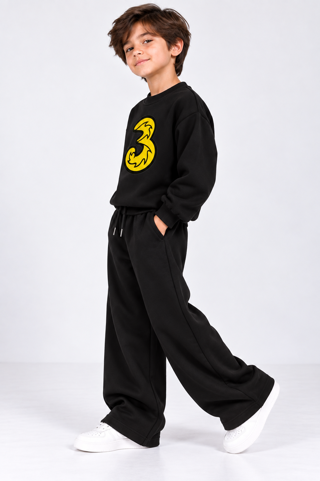 Black 3 Graphic Fleece Co-Ord Set for Kids