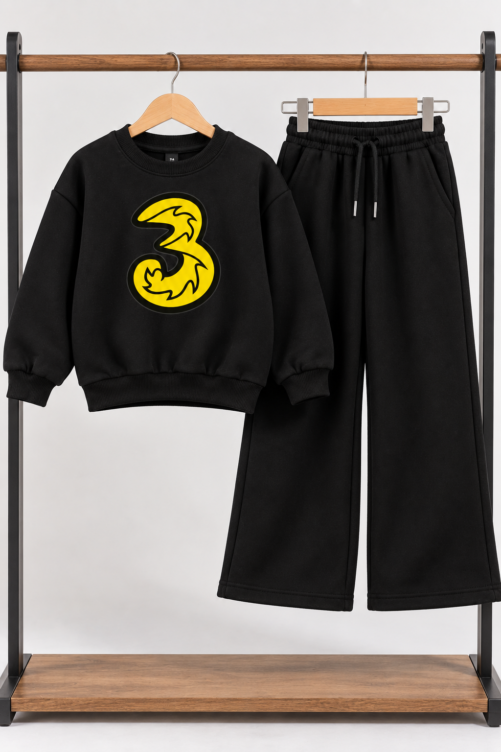 Black 3 Graphic Fleece Co-Ord Set for Kids
