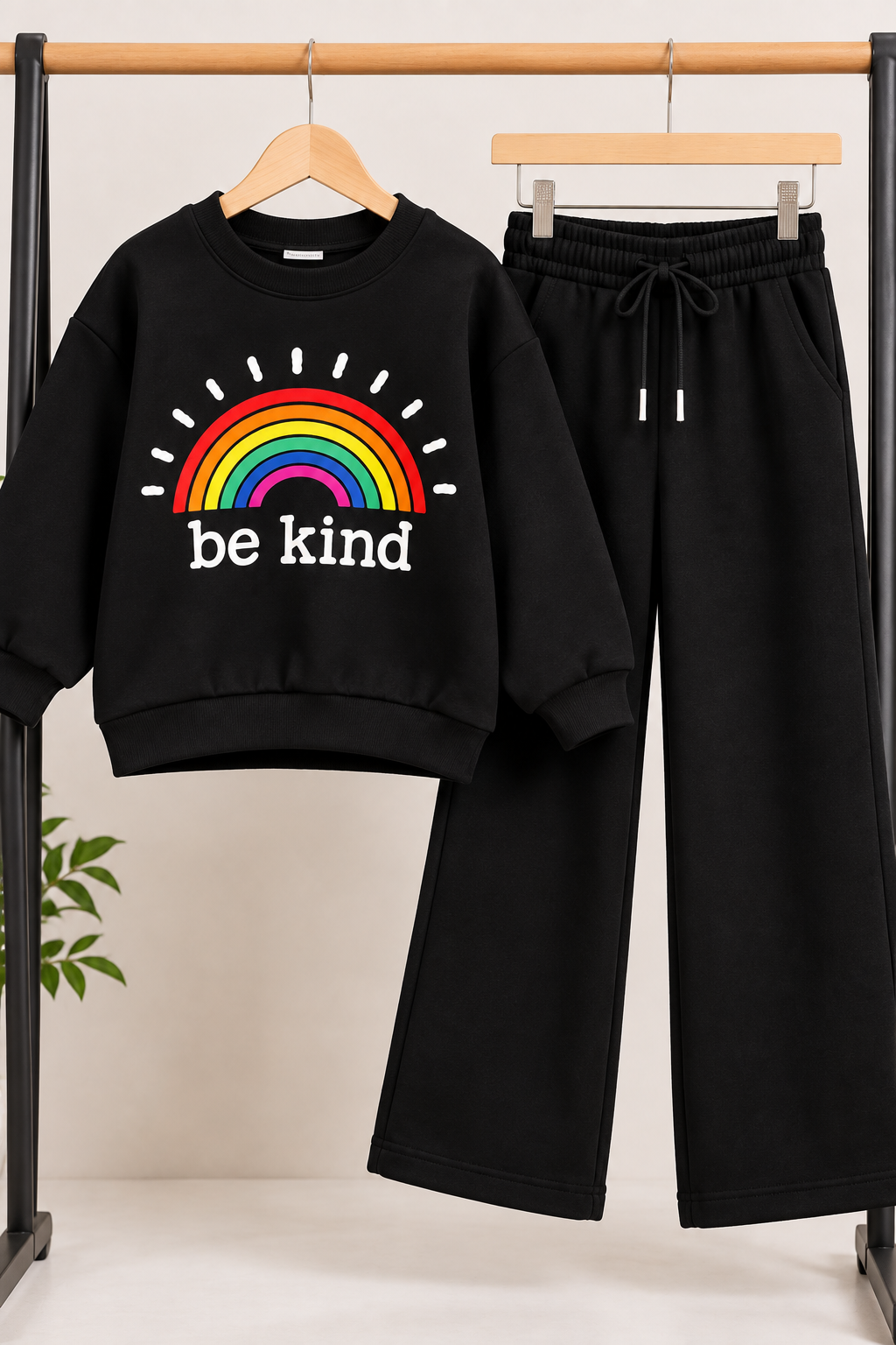 Black Be Kind Rainbow Fleece Co-Ord Set for Girls
