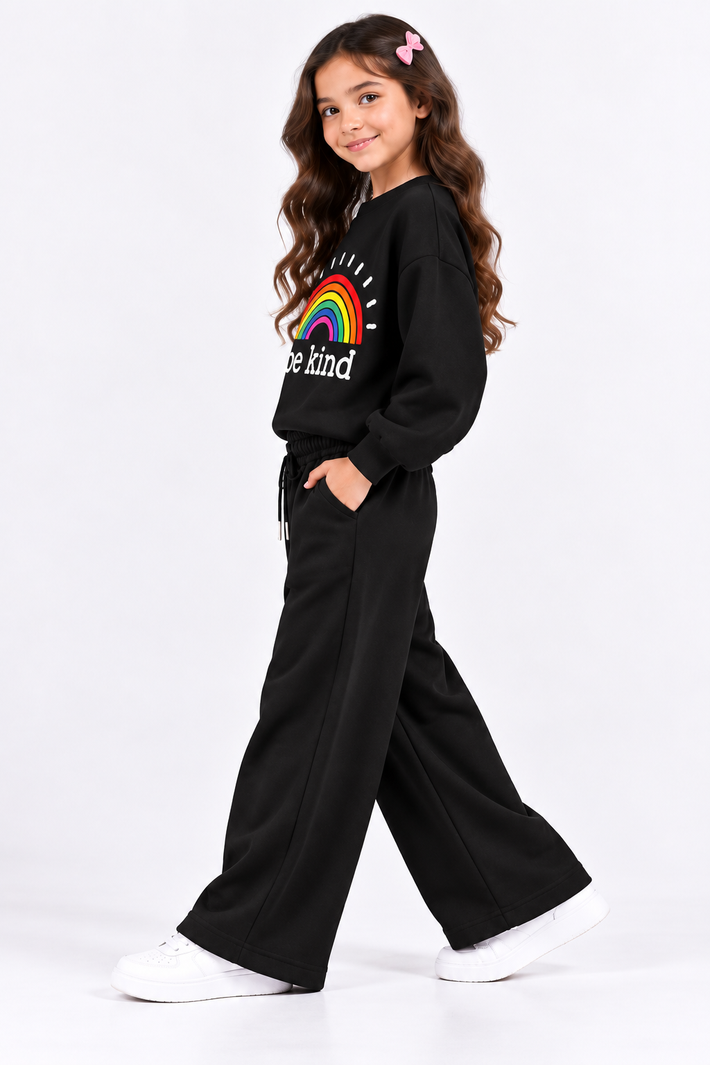 Black Be Kind Rainbow Fleece Co-Ord Set for Girls