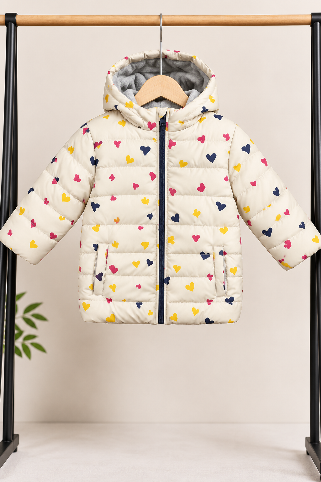 Girls Cream Multicolor Heart Print Hooded Puffer Jacket