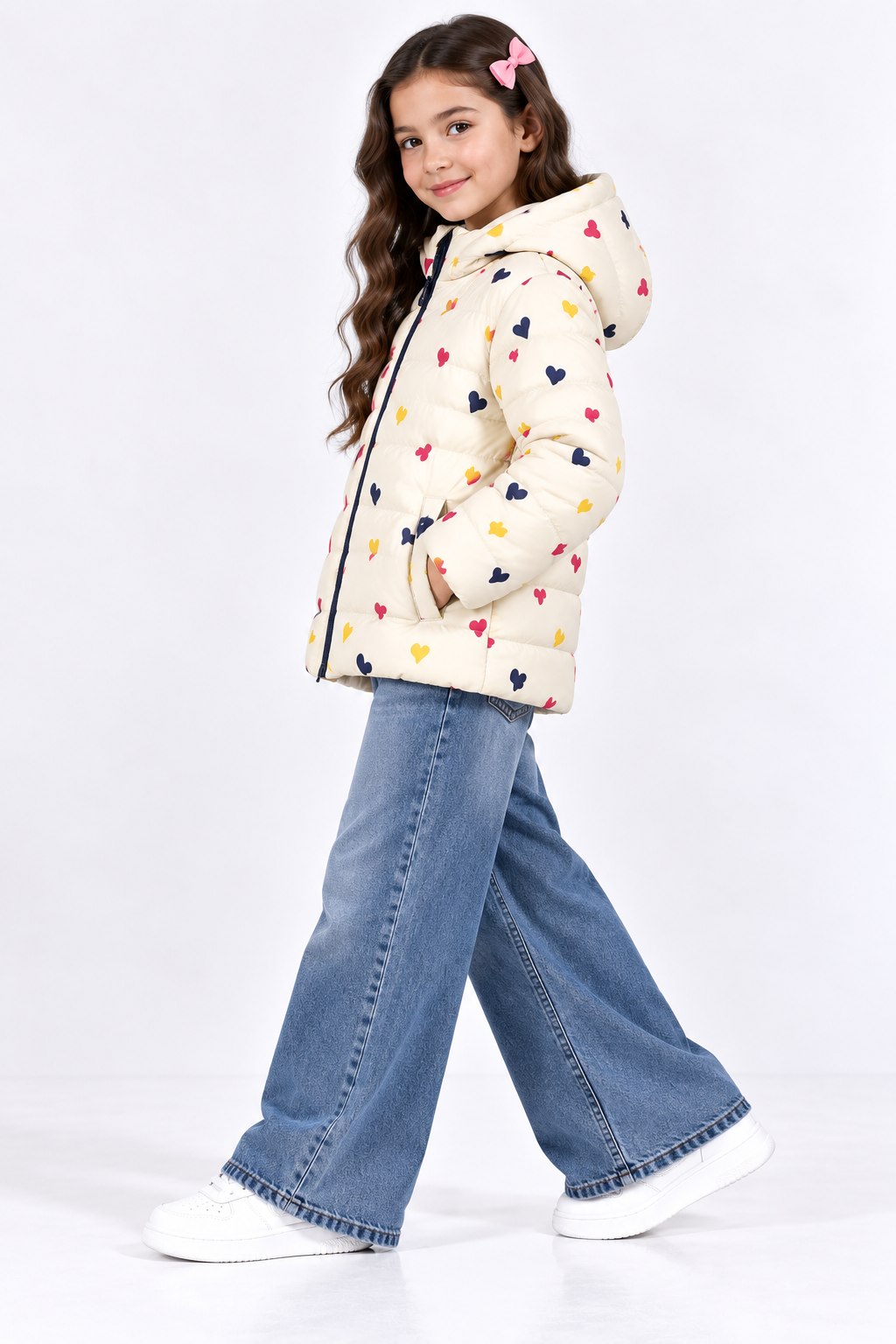 Girls Cream Multicolor Heart Print Hooded Puffer Jacket