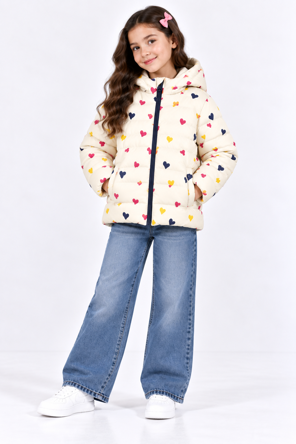 Girls Cream Multicolor Heart Print Hooded Puffer Jacket
