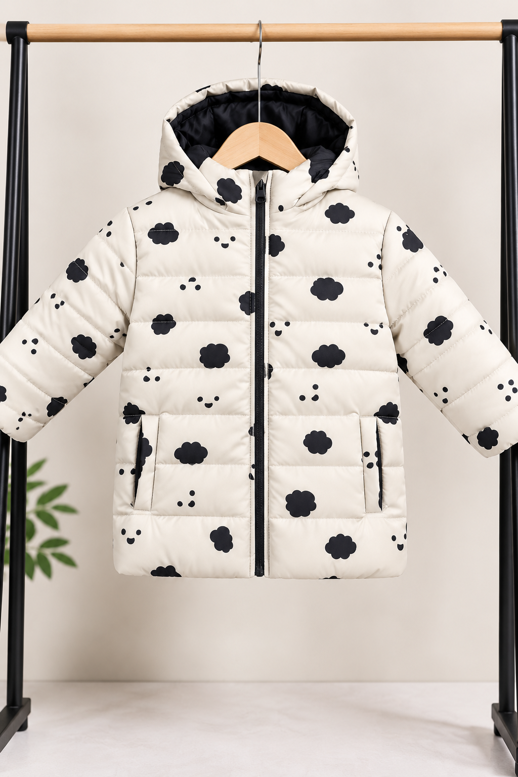 Girls Cream Black Cloud Print Hooded Puffer Jacket