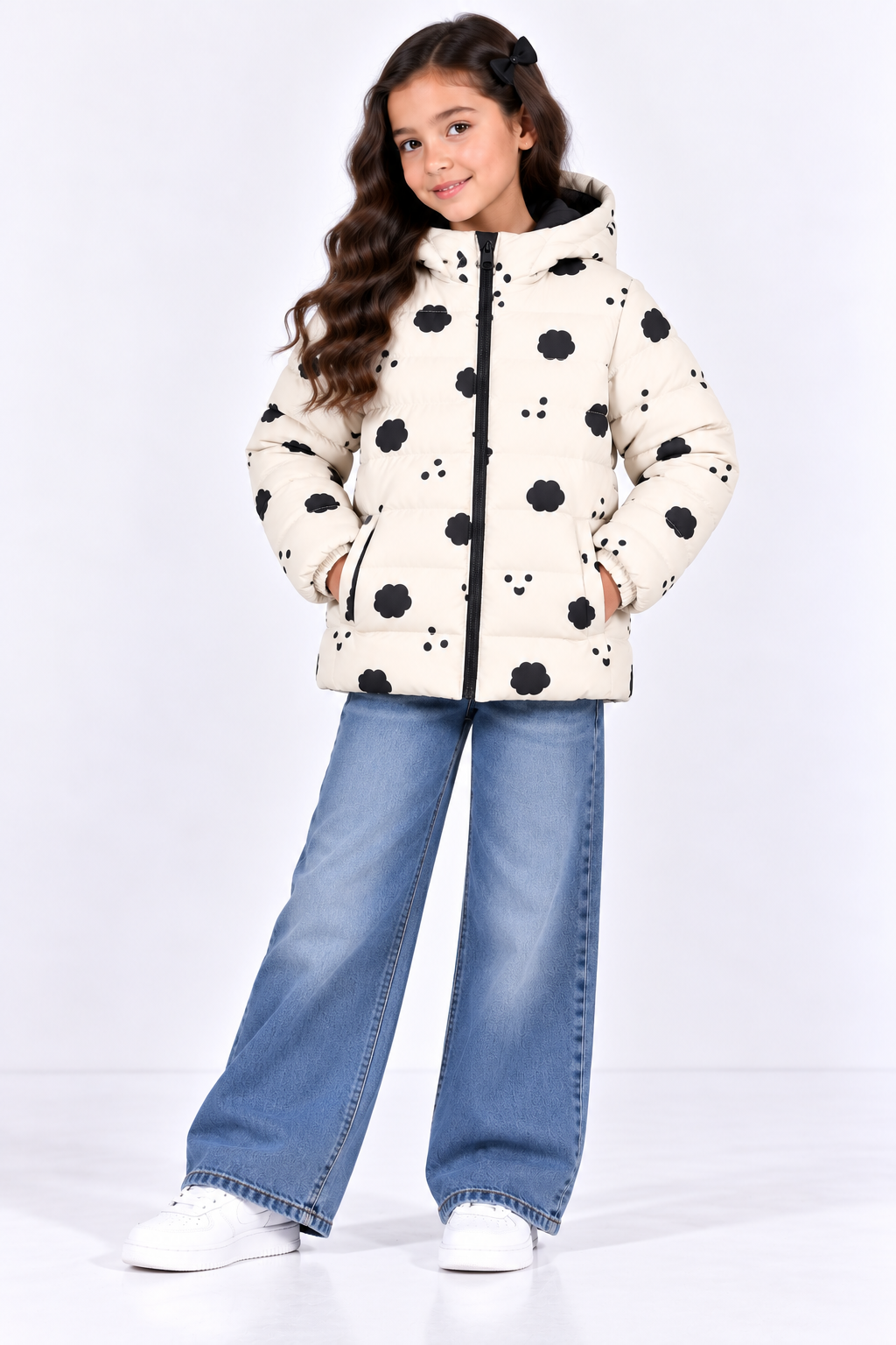 Girls Cream Black Cloud Print Hooded Puffer Jacket
