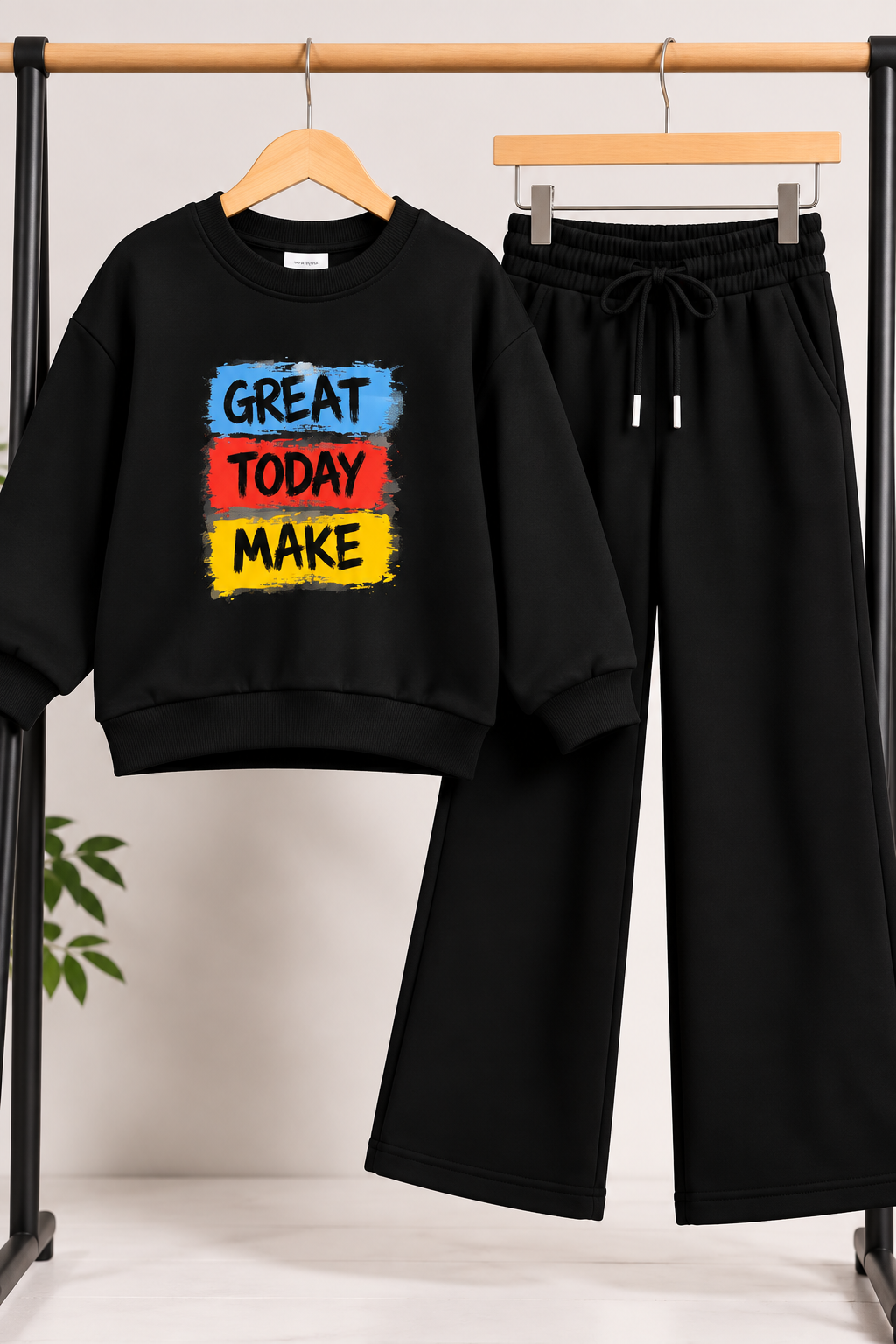 kids Black Great Today Make Printed Sweatshirt &amp; Wide-Leg Trouser Set